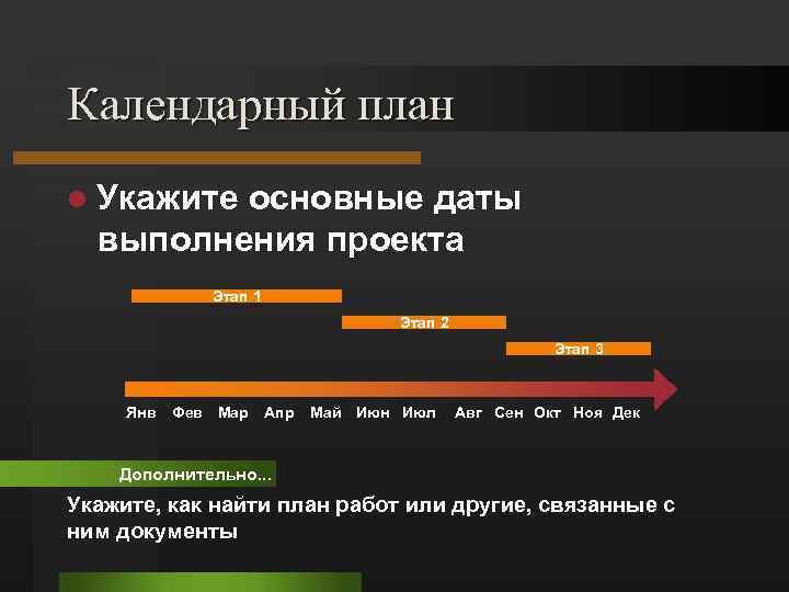 Календарный план l Укажите основные даты выполнения проекта Этап 1 Этап 2 Этап 3