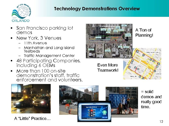 Technology Demonstrations Overview • San Francisco parking lot demos • New York, 3 Venues