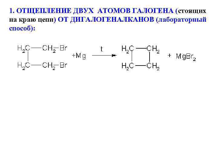 1. ОТЩЕПЛЕНИЕ ДВУХ АТОМОВ ГАЛОГЕНА (стоящих на краю цепи) ОТ ДИГАЛОГЕНАЛКАНОВ (лабораторный способ): 