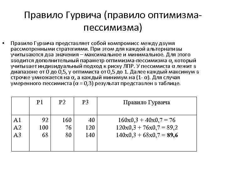 Правило Гурвича (правило оптимизма пессимизма) • Правило Гурвича представляет собой компромисс между двумя рассмотренными