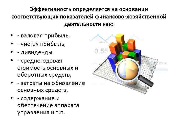 Эффективность определяется на основании соответствующих показателей финансово-хозяйственной деятельности как: валовая прибыль, чистая прибыль, дивиденды,
