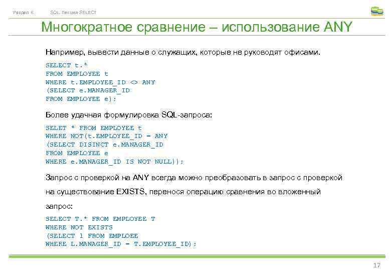 Раздел 6. SQL. Лекция SELECT Многократное сравнение – использование ANY Например, вывести данные о