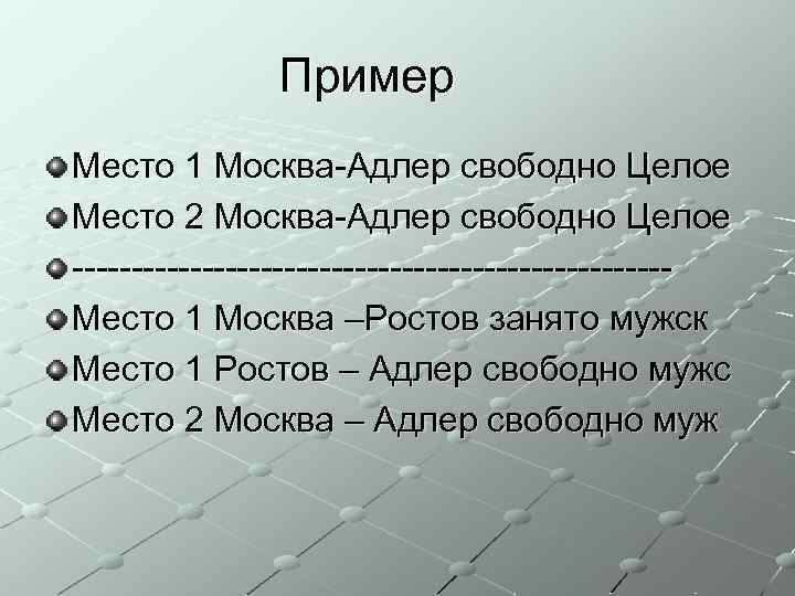 Пример Место 1 Москва-Адлер свободно Целое Место 2 Москва-Адлер свободно Целое -------------------------Место 1 Москва