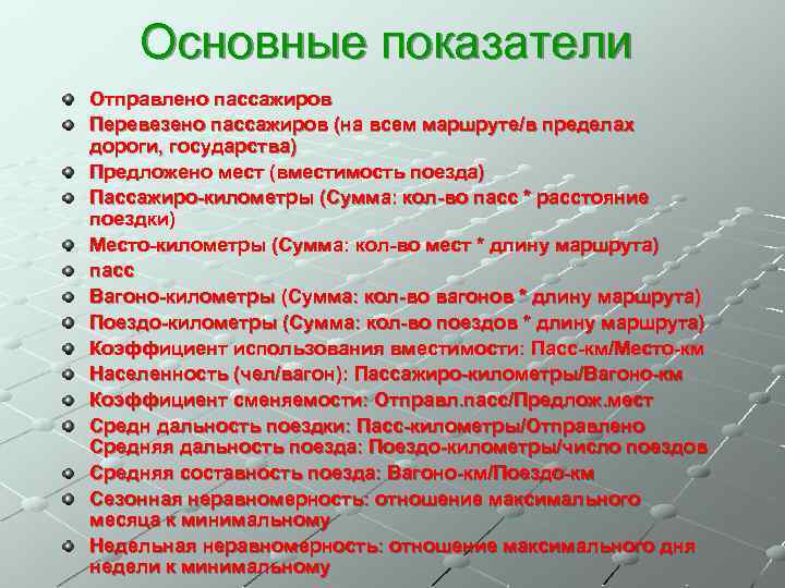 Основные показатели Отправлено пассажиров Перевезено пассажиров (на всем маршруте/в пределах дороги, государства) Предложено мест