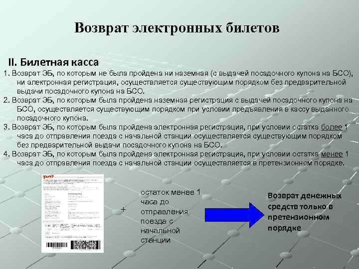 Возврат электронных билетов II. Билетная касса 1. Возврат ЭБ, по которым не была пройдена