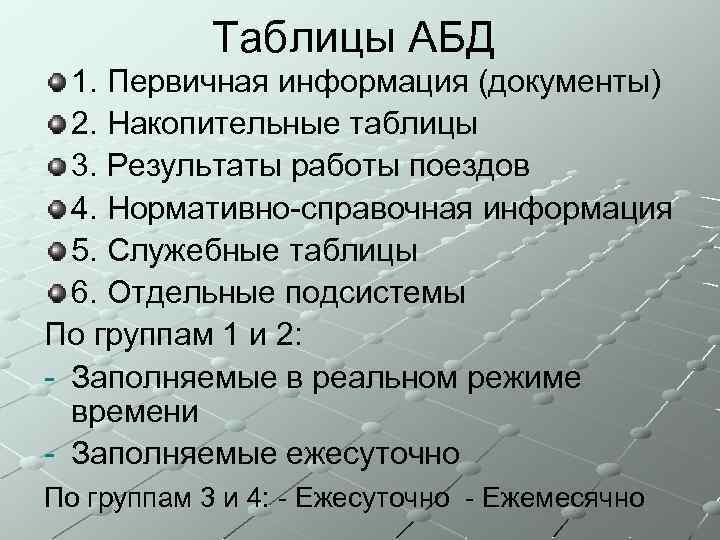 Таблицы АБД 1. Первичная информация (документы) 2. Накопительные таблицы 3. Результаты работы поездов 4.