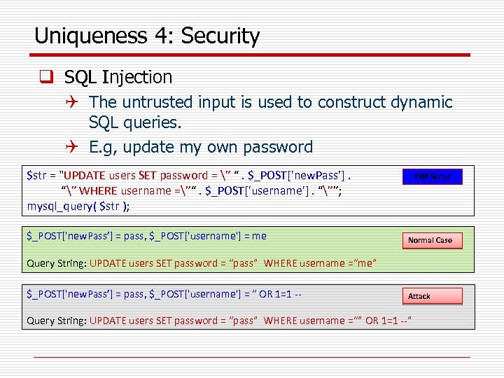 Uniqueness 4: Security q SQL Injection Q The untrusted input is used to construct