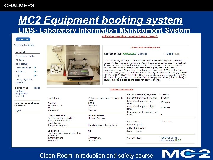 MC 2 Equipment booking system LIMS- Laboratory Information Management System Clean Room Introduction and