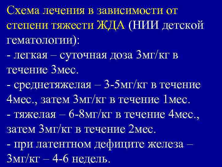 Схема лечения в зависимости от степени тяжести ЖДА (НИИ детской гематологии): - легкая –