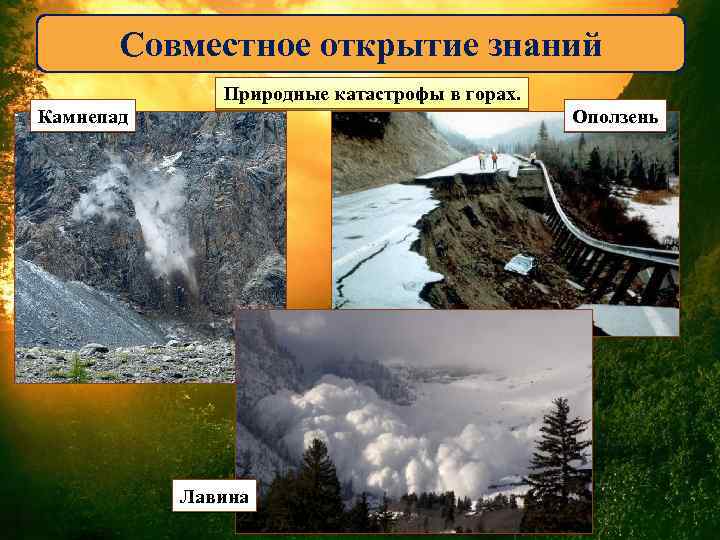 Совместное открытие знаний Природные катастрофы в горах. Камнепад Оползень Лавина 