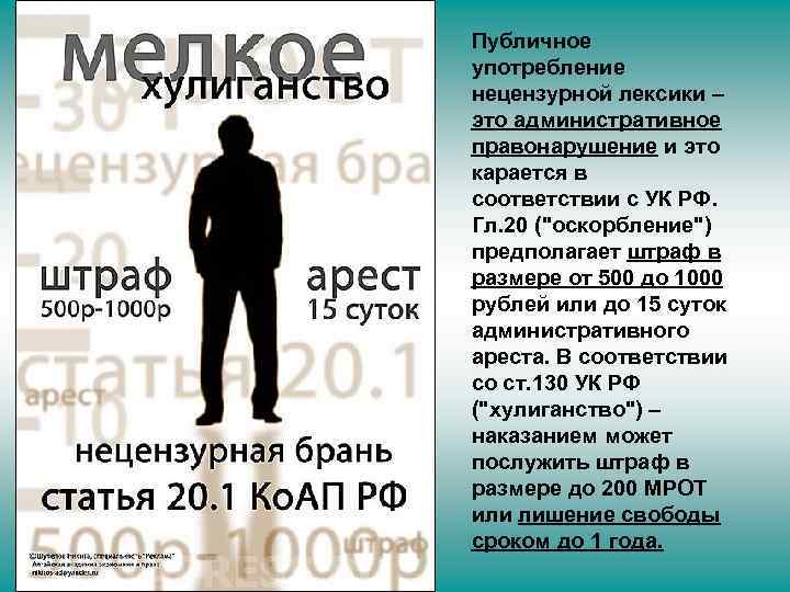 Публичное употребление нецензурной лексики – это административное правонарушение и это карается в соответствии с