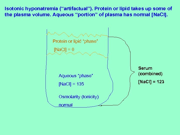 Isotonic hyponatremia (“artifactual”). Protein or lipid takes up some of the plasma volume. Aqueous