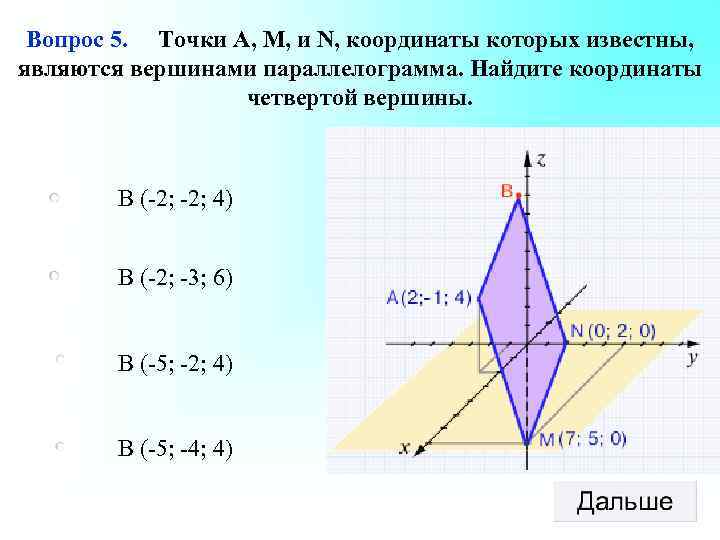 Вопрос 5. Точки А, М, и N, координаты которых известны, являются вершинами параллелограмма. Найдите