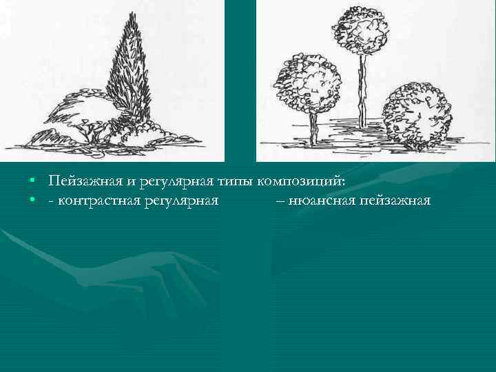  • Пейзажная и регулярная типы композиций: • - контрастная регулярная – нюансная пейзажная