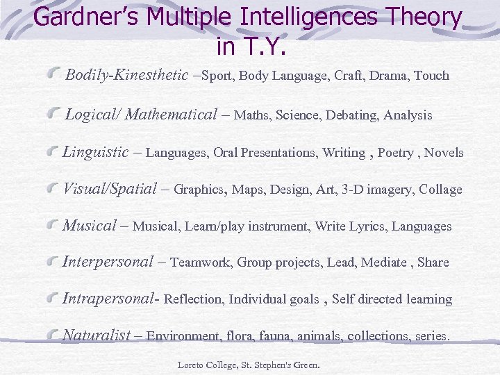 Gardner’s Multiple Intelligences Theory in T. Y. Bodily-Kinesthetic –Sport, Body Language, Craft, Drama, Touch