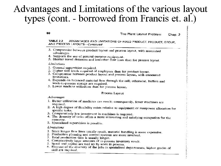 Advantages and Limitations of the various layout types (cont. - borrowed from Francis et.
