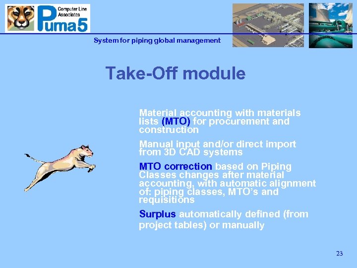 System for piping global management Take-Off module Material accounting with materials lists (MTO) for