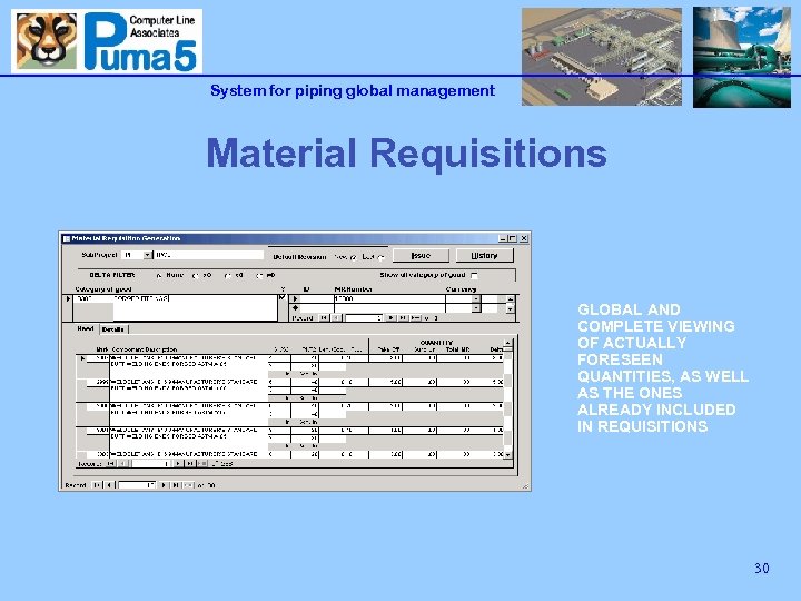 System for piping global management Material Requisitions GLOBAL AND COMPLETE VIEWING OF ACTUALLY FORESEEN