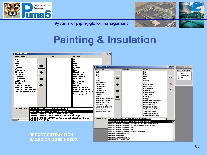 System for piping global management Painting & Insulation REPORT EXTRACTION BASED ON USED NEEDS