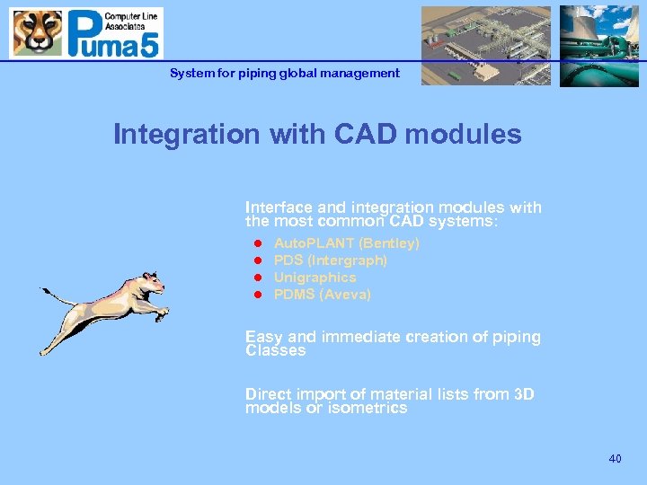 System for piping global management Integration with CAD modules Interface and integration modules with