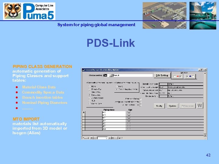 System for piping global management PDS-Link PIPING CLASS GENERATION automatic generation of Piping Classes