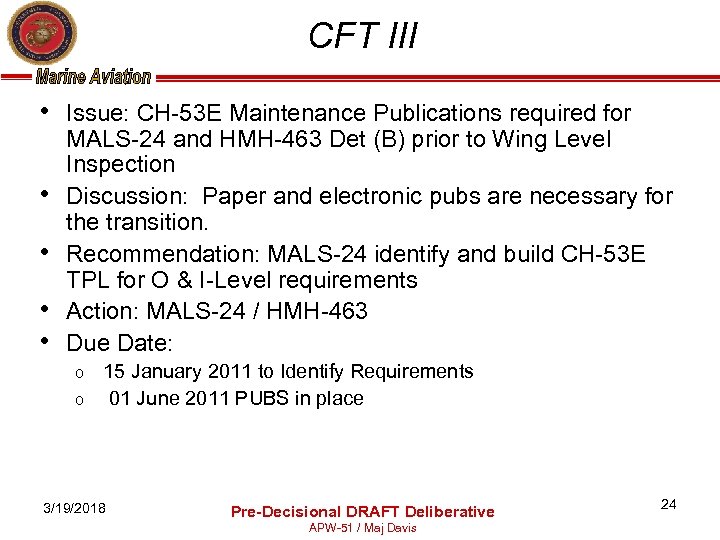 CFT III • Issue: CH-53 E Maintenance Publications required for • • MALS-24 and