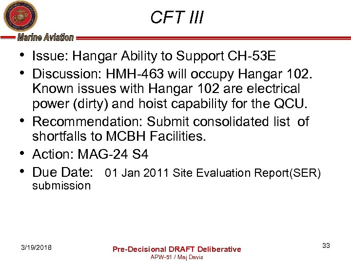 CFT III • Issue: Hangar Ability to Support CH-53 E • Discussion: HMH-463 will
