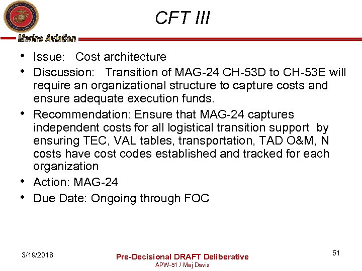 CFT III • Issue: Cost architecture • Discussion: Transition of MAG-24 CH-53 D to