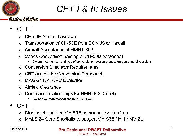 CFT I & II: Issues • CFT I CH-53 E Aircraft Laydown o Transportation