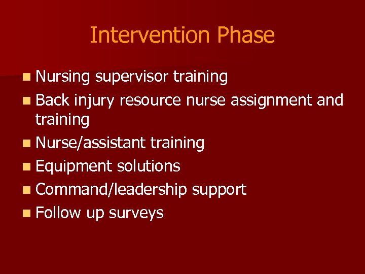 Intervention Phase n Nursing supervisor training n Back injury resource nurse assignment and training