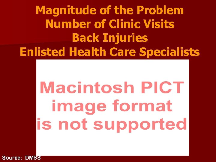 Magnitude of the Problem Number of Clinic Visits Back Injuries Enlisted Health Care Specialists