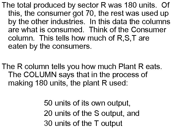 The total produced by sector R was 180 units. Of this, the consumer got