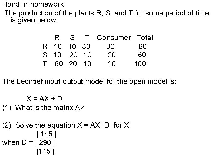 Hand-in-homework The production of the plants R, S, and T for some period of