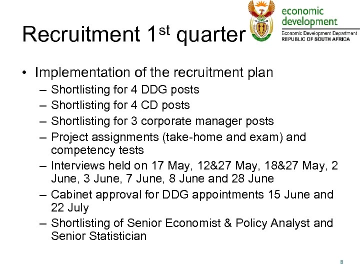 Recruitment 1 st quarter • Implementation of the recruitment plan – – Shortlisting for