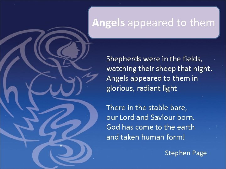 Angels appeared to them Shepherds were in the fields, watching their sheep that night.