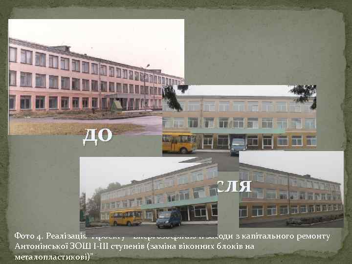 до після Фото 4. Реалізація Проекту “Енергозберігаючі заходи з капітального ремонту Антонінської ЗОШ І-ІІІ