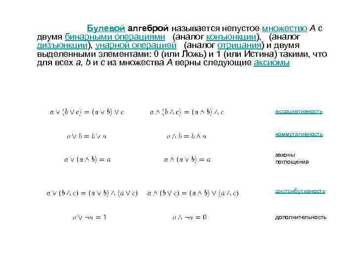  Булевой алгеброй называется непустое множество A с двумя бинарными операциями (аналог конъюнкции), (аналог