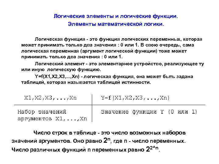 Логические элементы и логические функции. Элементы математической логики. Логическая функция - это функция логических