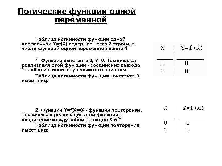 Логические функции одной переменной Таблица истинности функции одной переменной Y=f(X) содержит всего 2 строки,