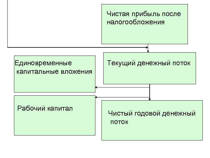 Чистая прибыль после налогообложения Единовременные капитальные вложения Рабочий капитал Текущий денежный поток Чистый годовой