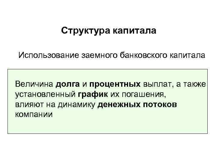 Структура капитала Использование заемного банковского капитала Величина долга и процентных выплат, а также установленный