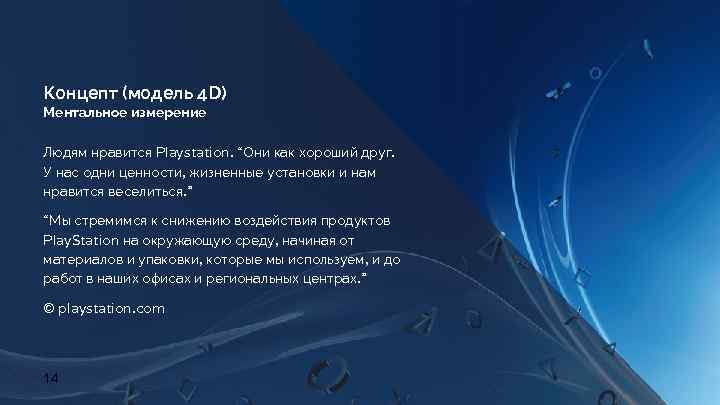 Концепт (модель 4 D) Ментальное измерение Людям нравится Playstation. “Они как хороший друг. У