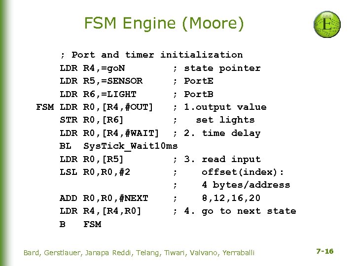 FSM Engine (Moore) ; Port and timer initialization LDR R 4, =go. N ;