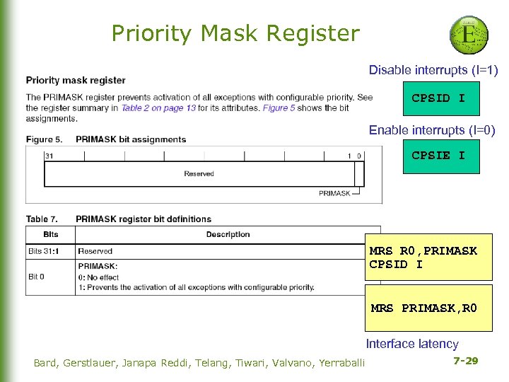 Priority Mask Register Disable interrupts (I=1) CPSID I Enable interrupts (I=0) CPSIE I MRS