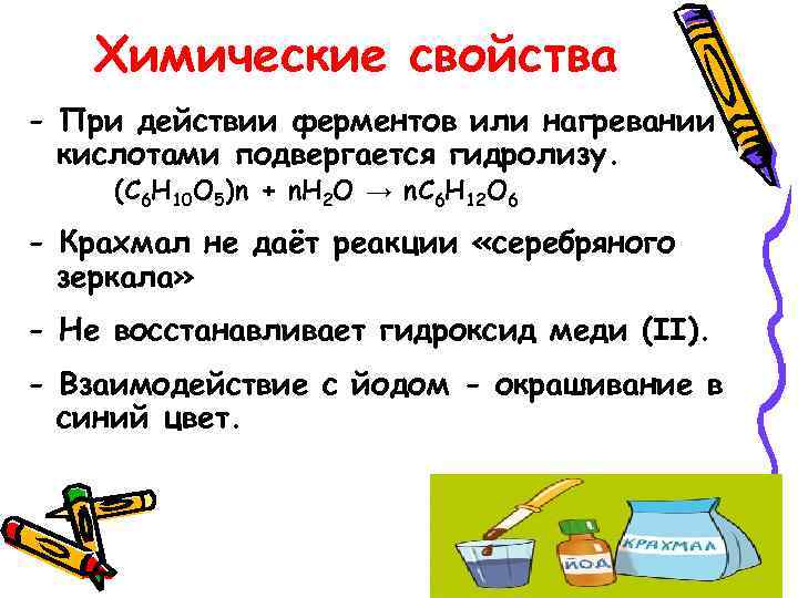 Химические свойства - При действии ферментов или нагревании с кислотами подвергается гидролизу. (C 6