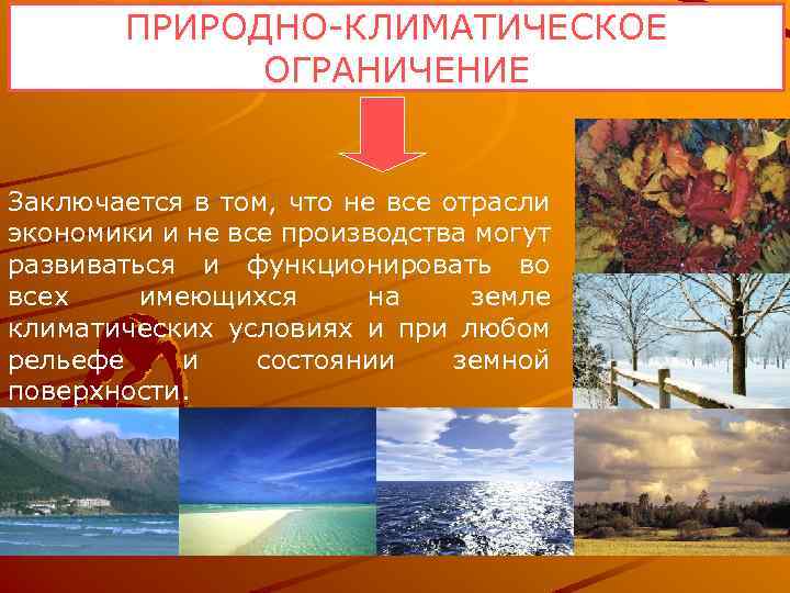 ПРИРОДНО КЛИМАТИЧЕСКОЕ ОГРАНИЧЕНИЕ Заключается в том, что не все отрасли экономики и не все