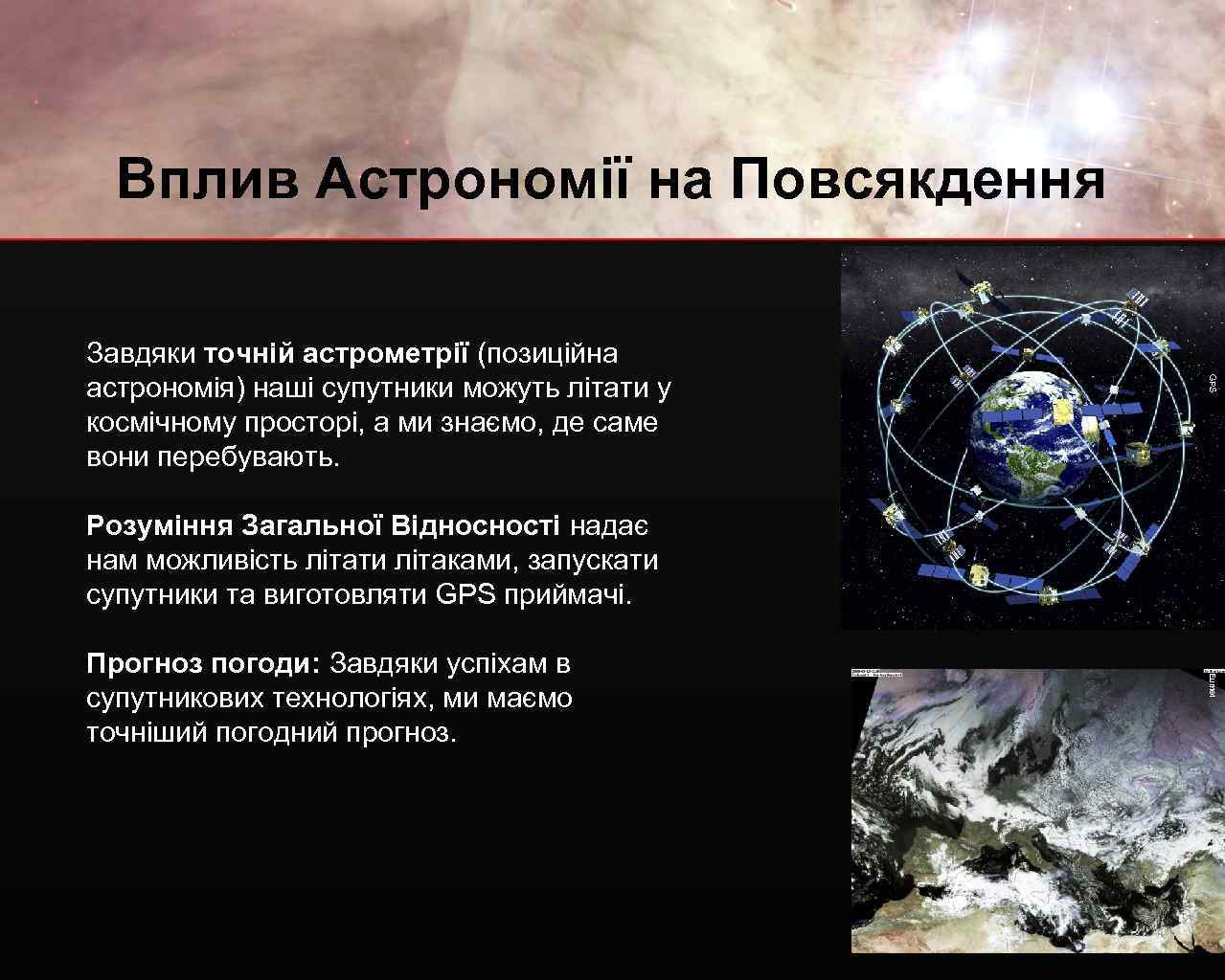 Вплив Астрономії на Повсякдення GPS Завдяки точній астрометрії (позиційна астрономія) наші супутники можуть літати