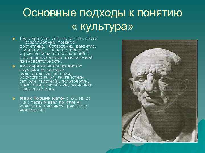 Основные подходы к понятию « культура» u u u Культура (лат. cultura, от colo,