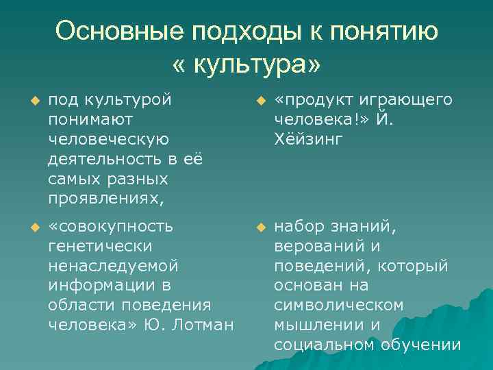 Основные подходы к понятию « культура» u под культурой понимают человеческую деятельность в её