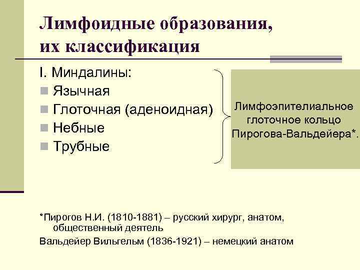 Лимфоидные образования, их классификация I. Миндалины: n Язычная n Глоточная (аденоидная) n Небные n